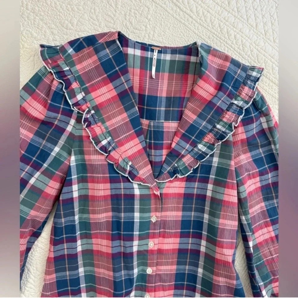 Free People Pink and Blue Plaid Ruffle Collar Button-Up Top - Picture 7 of 7